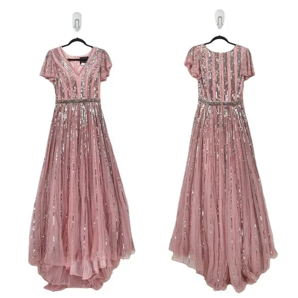 Mac Duggal Women 6 Striped Sequin V Neck Gown Rose Pink Beading 70108 NEW FLAW